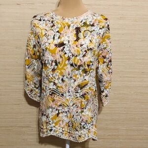 Solitaire Yellow Floral Embroidered 3/4 Sleeve Scalloped Hem Blouse size Small
